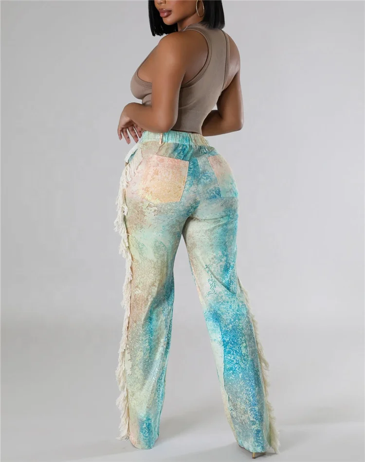Pattern Print Tassels Pants Women High Waist Trousers Fashion Female Vintage Bottoms