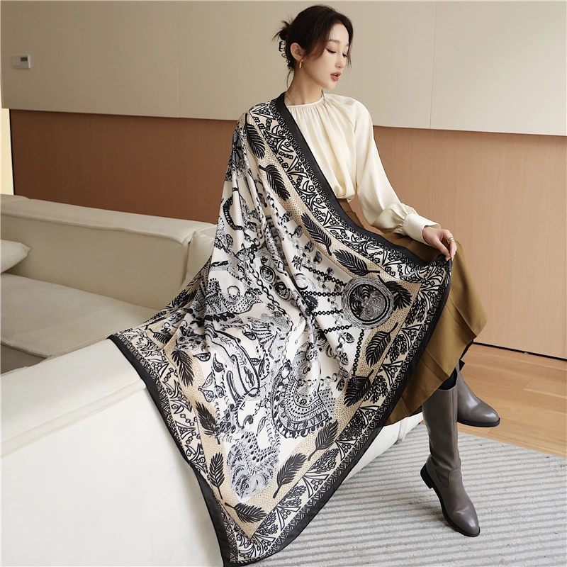 Customize Design Shawl Print Large Square Silk Scarf Women New Foulard Female Headbands Hijab Lady Beach Scarves Bufanda Bandana