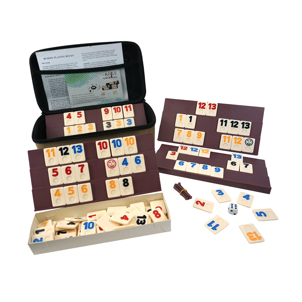 Factory Low MOQ Wholesale Custom EVA Box Packaging Rummy Game Sets melamine Rummy tiles With Rummy Racks Family Kids Games