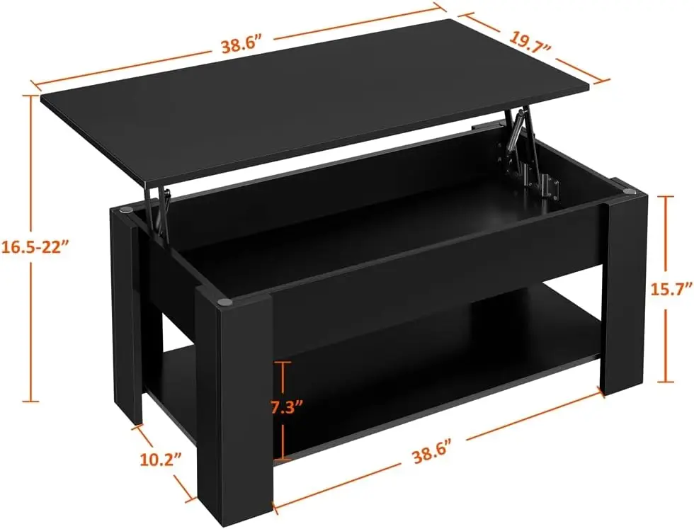 Height-Adjustable Coffee Table with Concealed Compartment and Storage Shelves Lift-Table Table Black