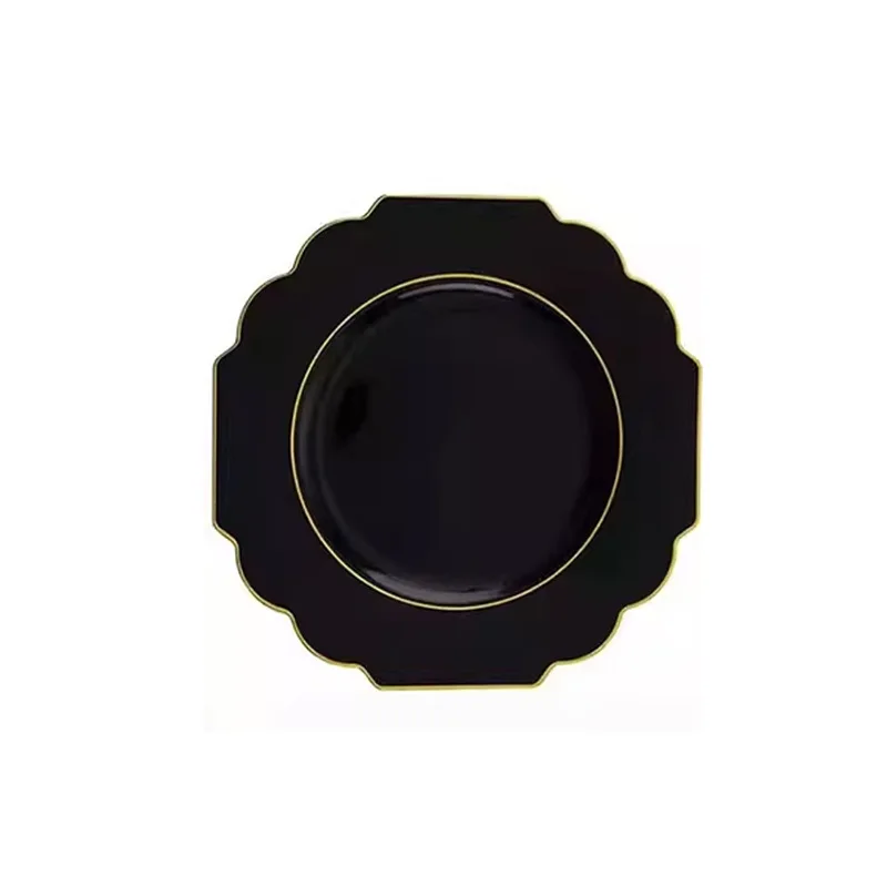 Retro Commercial Black Irregular Edge Gold Stamping Disposable Plastic Plate Tableware For Hotels Restaurants Party