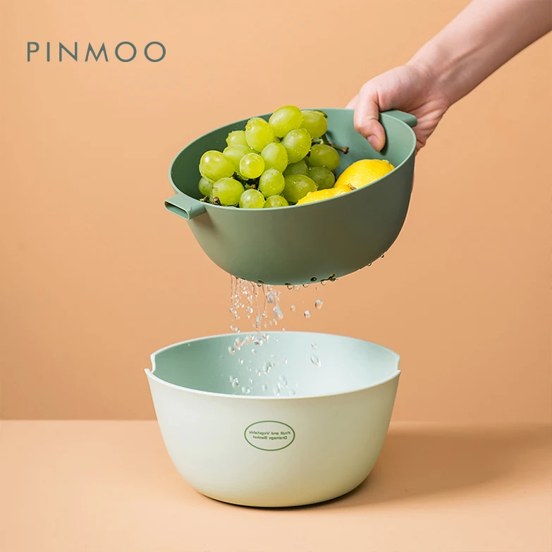 Pinmoo Design Kitchen Supplies Double Layer Vegetables Fruit Drain Storage Basket Washing Cleaning Tools