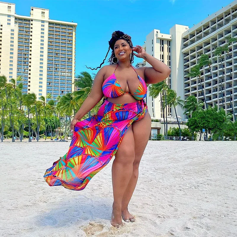 Plus Size Swimwear Cover Up 5XL Women Beachwear Split Body Sexy Chiffon 3 Piece Bikini Swimsuit Oversize Beachwear Cover Up