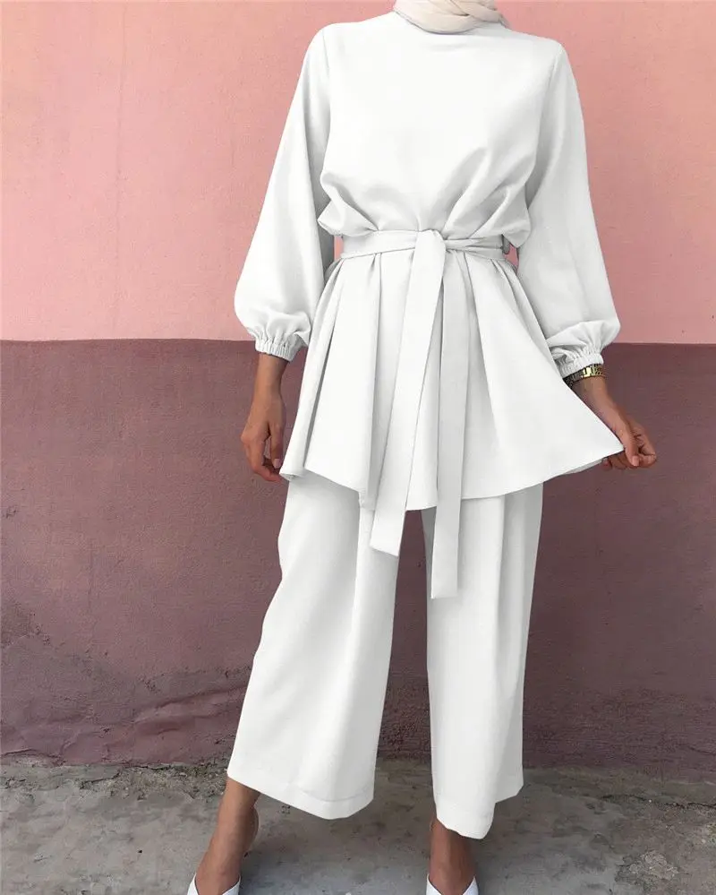 New Trendy Solid Tunic Pant Suit Muslim Women Clothing Tunics