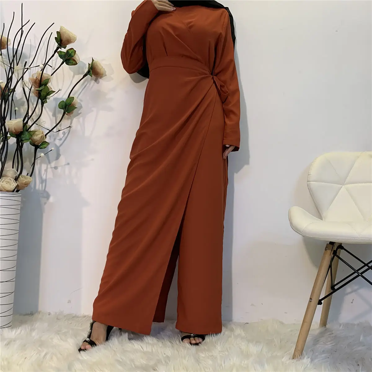 V-neck women Islamic patchwork clothes female solid color Muslim jumpsuits adults one-piece clothing sets
