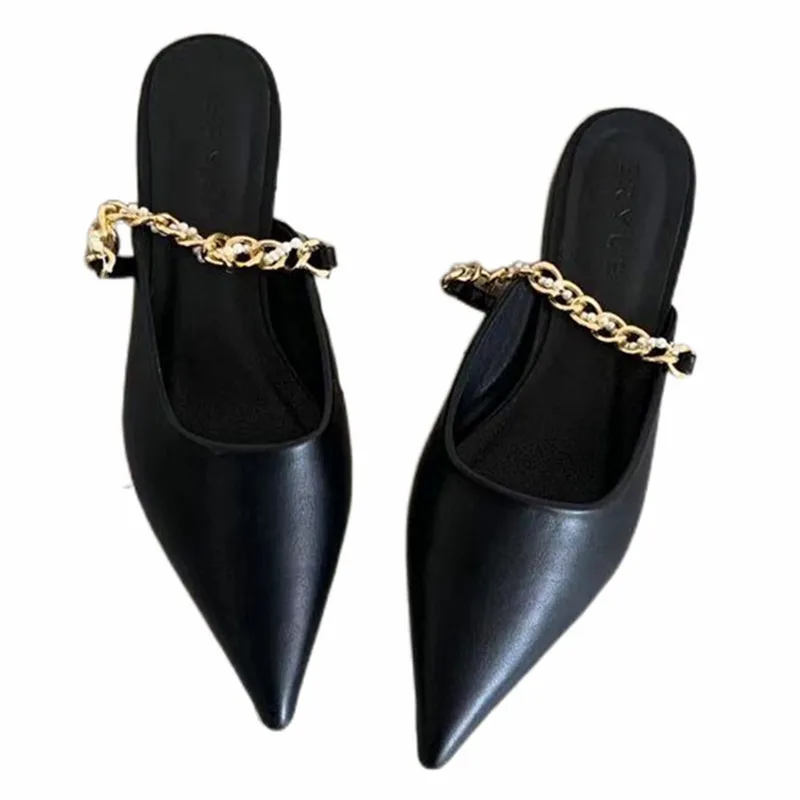 
2021 spring summer hot products half shoes pointed close toe women chain belt slippers mules sandals for ladies 