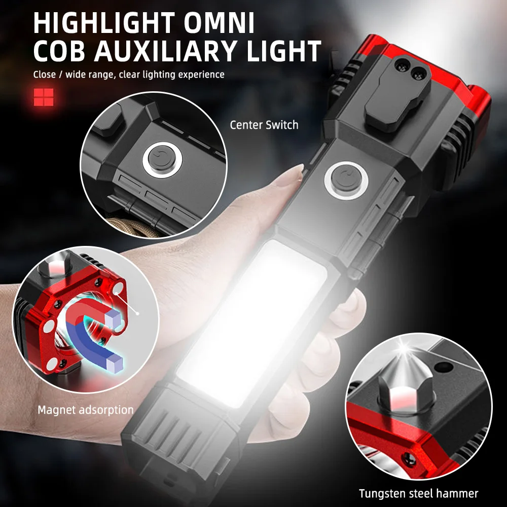 cob side light Power bank Safety Hammer knife magnet usb rechargeable battery zoom tactical led work torch lanterns flashlights