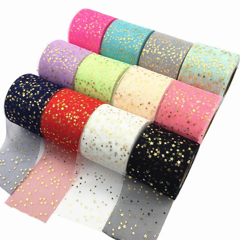 6CM Handmade DIY Material Gold Star Sequin Tulle Glitter Ribbon Rolls for Bow Accessories Wedding Decor