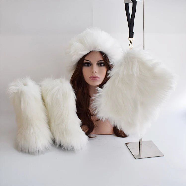 2020 Newest Design wholesale women cheap faux fluffy fur snow white boots with matching purse and headband set