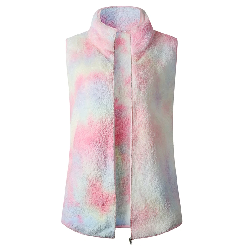 
2020 new arrive wholesale tie dye soft velvet turtleneck zipper sleeveless garment fleece women winter vest with pocket 