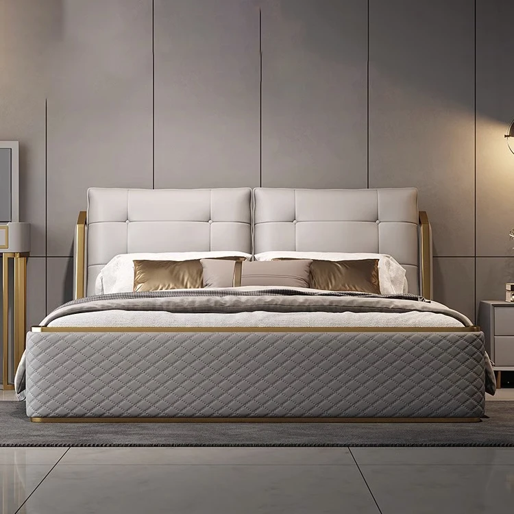 king size Brown leather bed bedroom furniture stainle steel frame master wooden beds villa bed