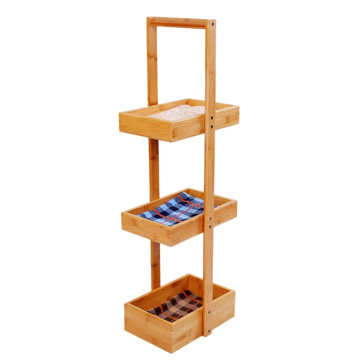 Bamboo Caddy Stand Floor Standing Shower Rack Bath Storage Shelf for Shampoo Dispenser Towel