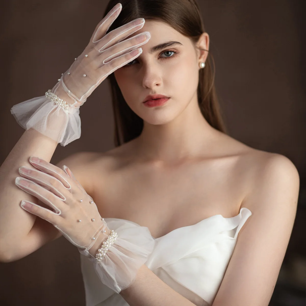LUOXIN Women Pearl Gloves Tea Party Short Dress Gloves Full Fingered Bridal Gloves