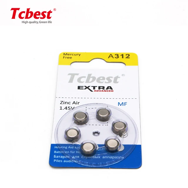 2022 shenzhen tcbest well design zinc air battery A312 for hearing aid in 6 pcs package