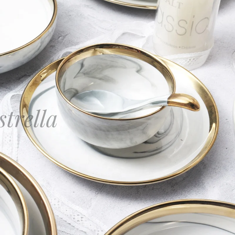 Gold Rim Marble Ceramic Dinnerware Set Arabic Tableware Dinnerware Sets Rice Noodles Soup Bowl Marble Porcelain Dinnerware Sets