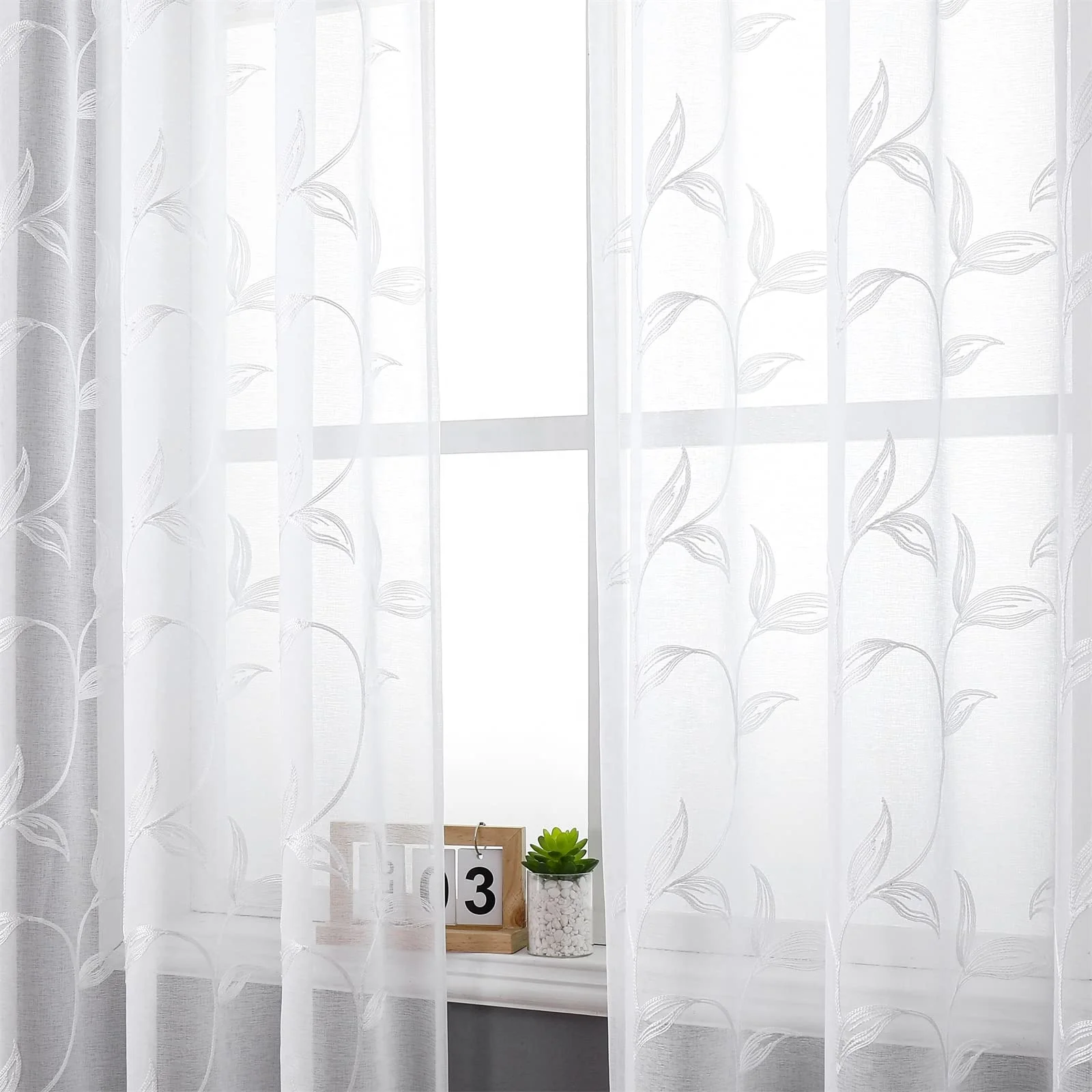 Bindi White Sheer Voile Curtains European Flower Leaf Embroidery Faux Linen Rod Pocket Window Drapes for Home Kitchen
