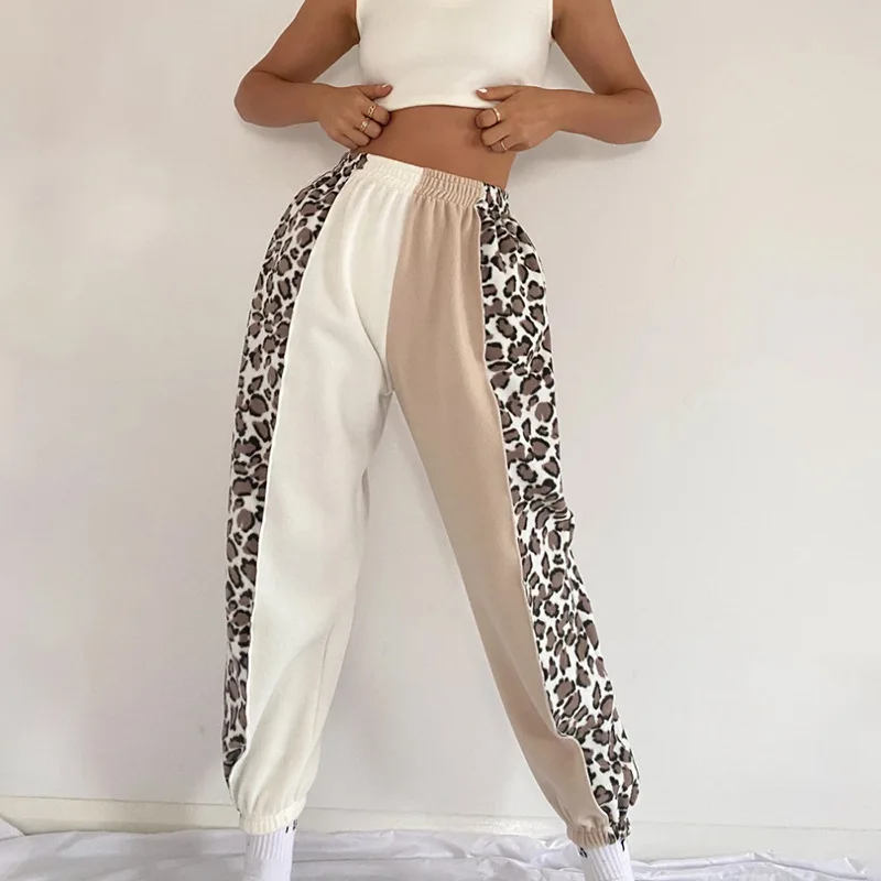 Wholesale 2 Piece Pant Set Women Trouser 2021 Spring Loose Elastic High Waist Pleated Joggers Cotton Leopard Sweat Pants