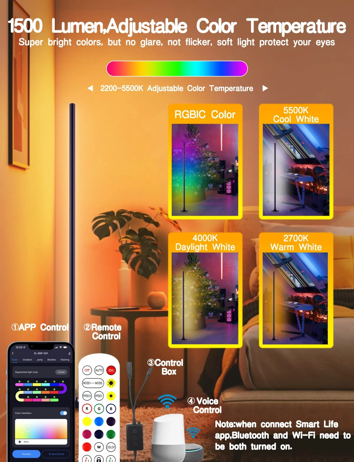 Christmas Lights Indoor WiFi App Remote Control LED Standing Light Nordic Modern RGB Smart Corner Floor Lamp For Living Room