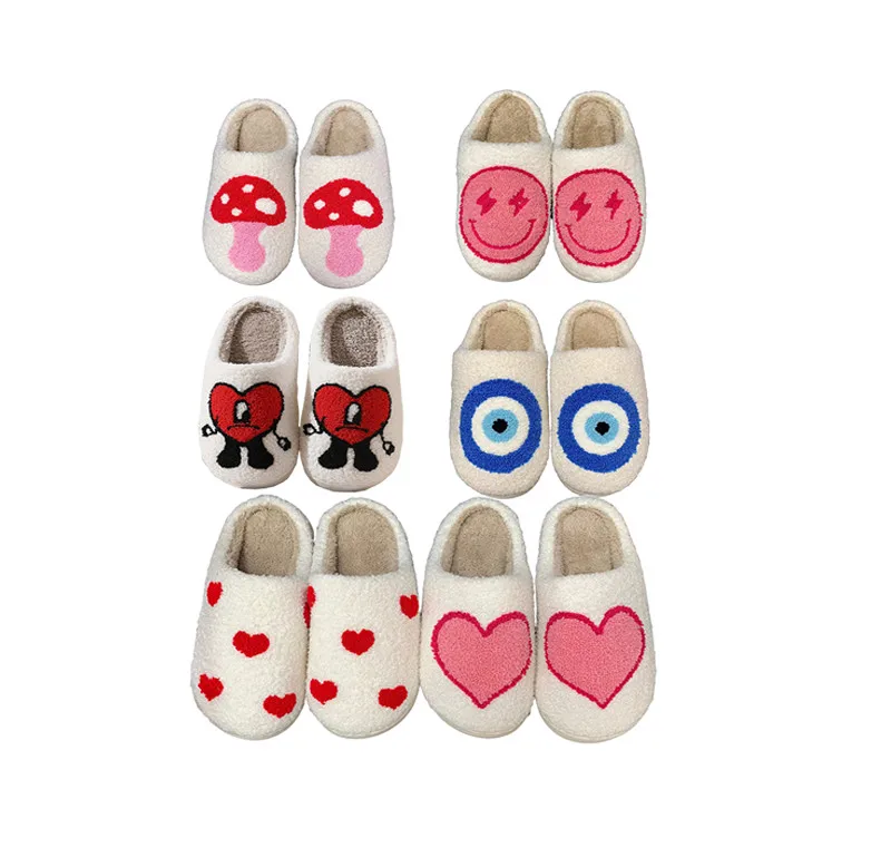 New arrivals Winter Flat Warm fuzzy Lightning Mushroom Bad Bunny Red Sad Heart Evil Eye  smile Home slippers Slides for women