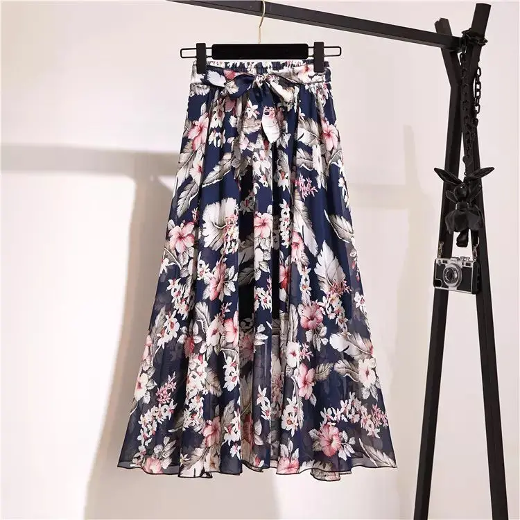 holiday beach dress spring and summer women significantly lanky waist skirt printed chiffon skirt,latest long skirt design