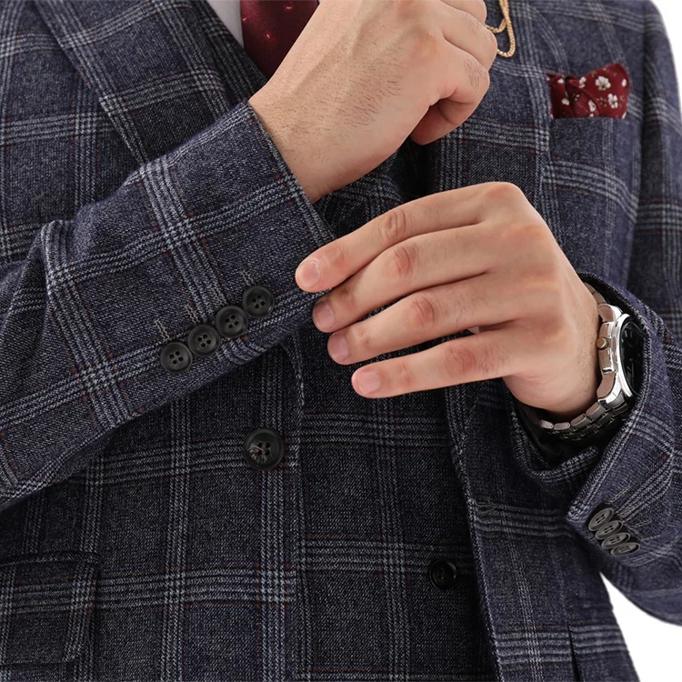 3 piece pictures grey plaid wedding coat pant cashmere England style men suit