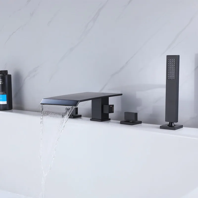 Lusa Wholesale Hot Sales Dual Handle Solid Brass Waterfall Bathroom Tub  4 holes Mouted Mixer with Shower Bathtub Faucet