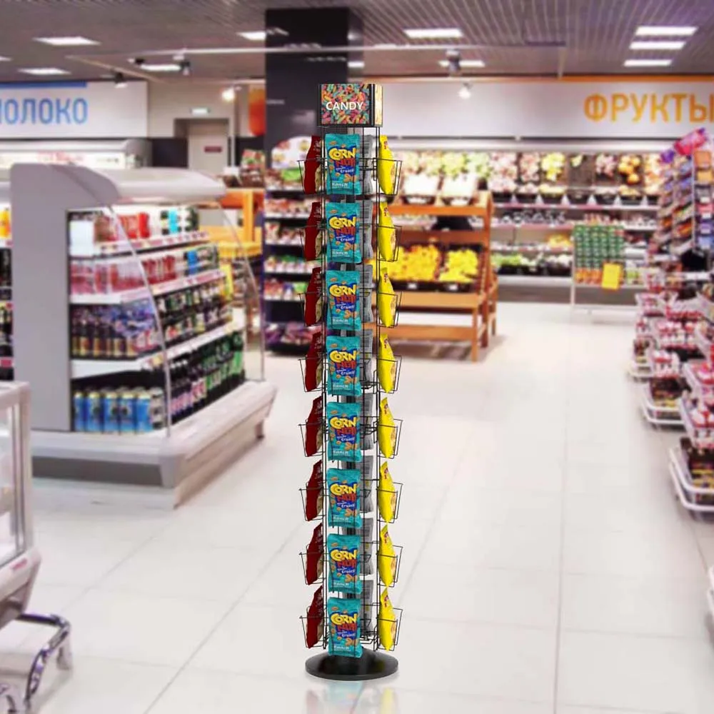 OEM/ODM 8-Tiers Metal Wire Supermarket Retail Snack Food Display Flooring Rack with 32 Pockets