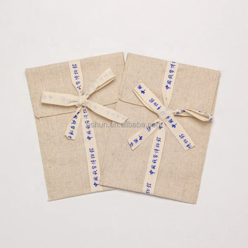 Eco Friendly Custom Logo Printed Soft Recycle Reusable Natural Cotton Linen Gift Envelope Flap Bag