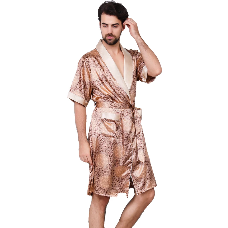 
Two piece silk robe set Luxurious satin nightgown short sleeve pattern design pajamas for men 