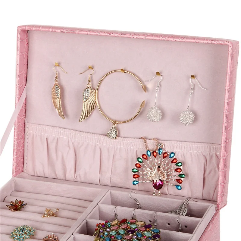 Wholesale Custom Logo Large Capacity Crocodile Print Pink Crocodile Print Faux Leather, multi-drawer jewellery storage box