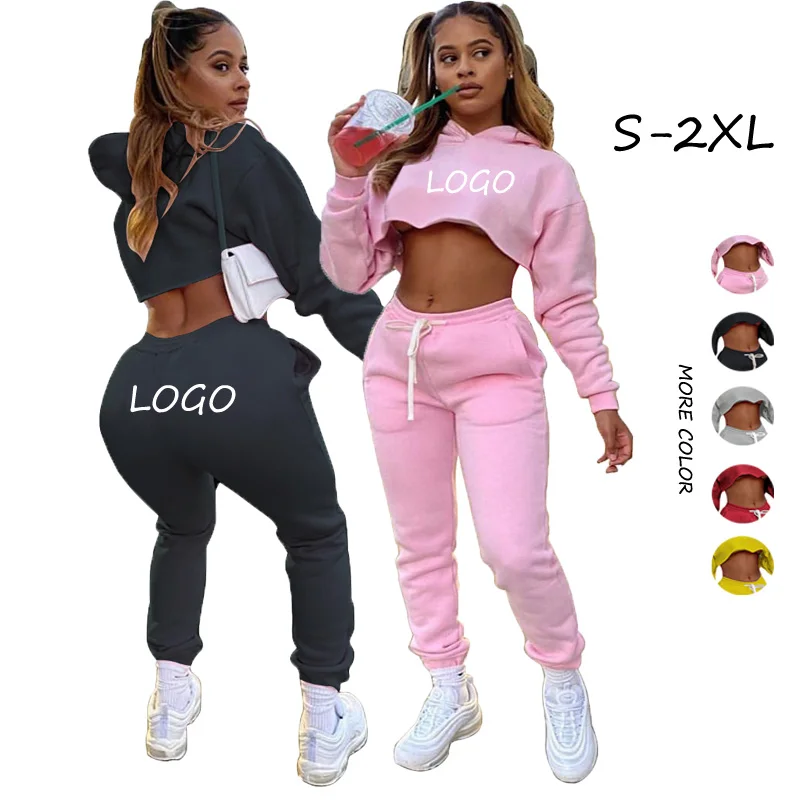2021 Trendy Autumn Jogging 2 Piece Set Fall Outfits Sweatpant Cropped Hoodie Two Piece Pants Set