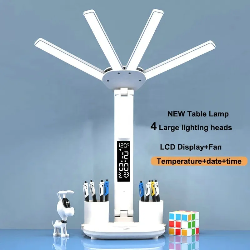 Flexible Four Head Desk Lamps Dimmable Adjustable Stand Table Lamp With Calendar Temperature Clock Night Light For Study Reading