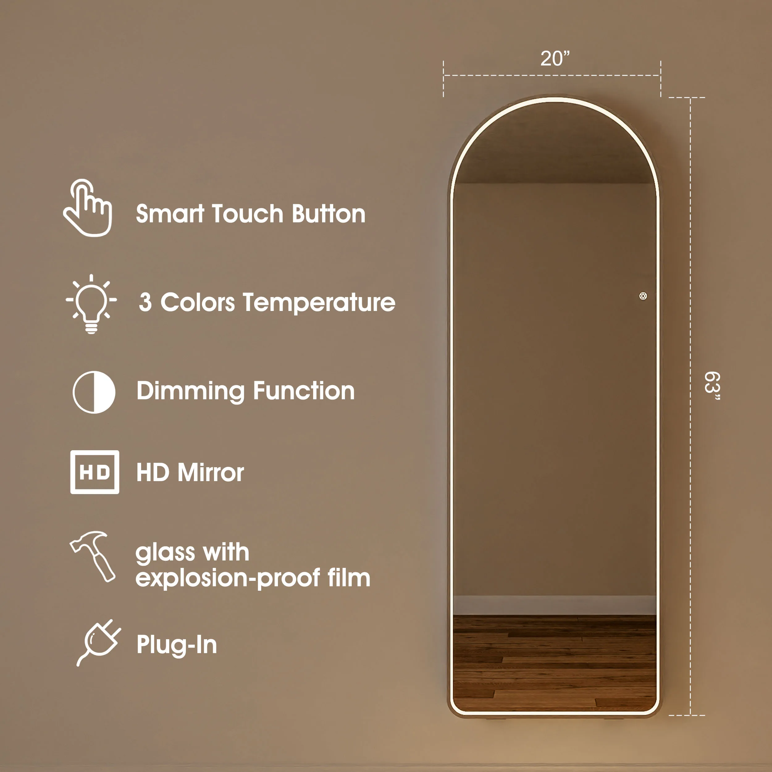 Brightness Adjustment Smart Touch Screen Free Standing Lighted Arched Body Dressing Full Length Floor Mirror With Led Light