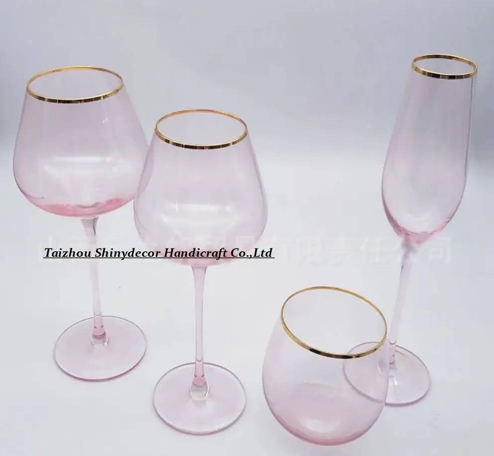 SJB021 New Pink color gold rimmed sparking crystal wine glass cups set for bars restaurants