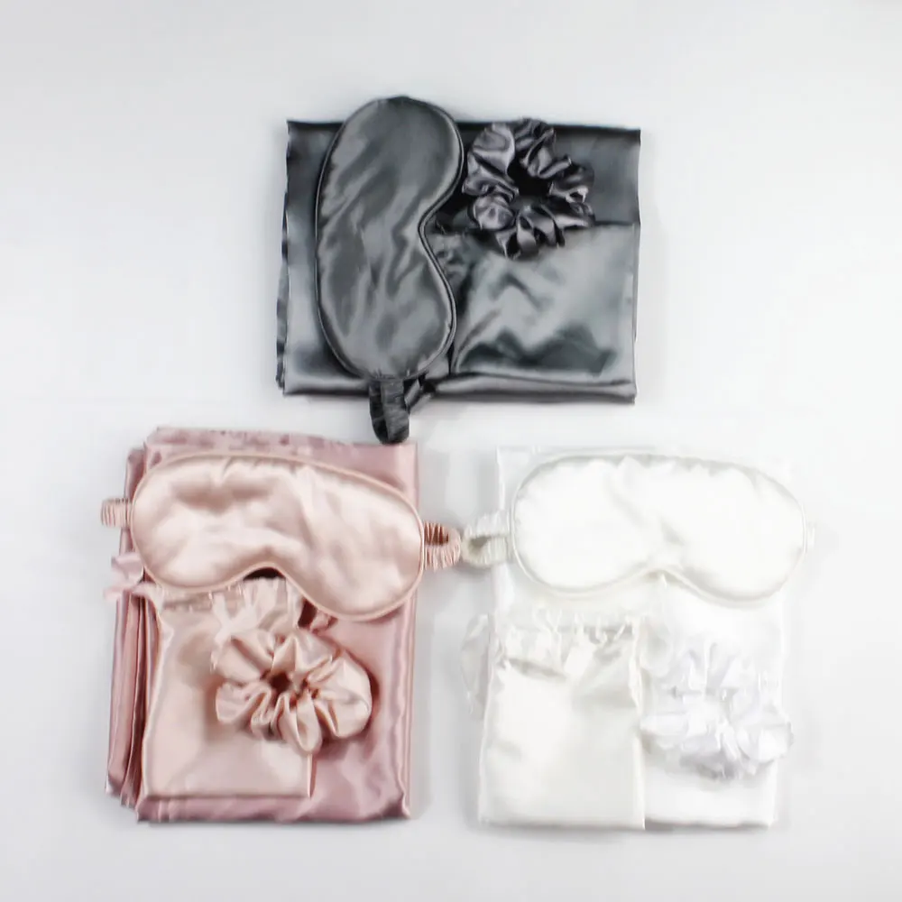 Breathable Moisture Absorbing Perfect Gift 100% Satin Silk Eye Mask and Pillowcase Set with Scrunchie and Pouch