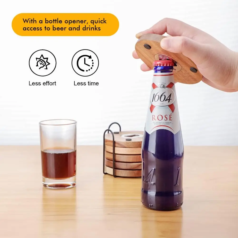 Coffee Table Dining Table Desk Set of 6 Acacia Wood Coasters For Drinks With Bottle Opener Holder