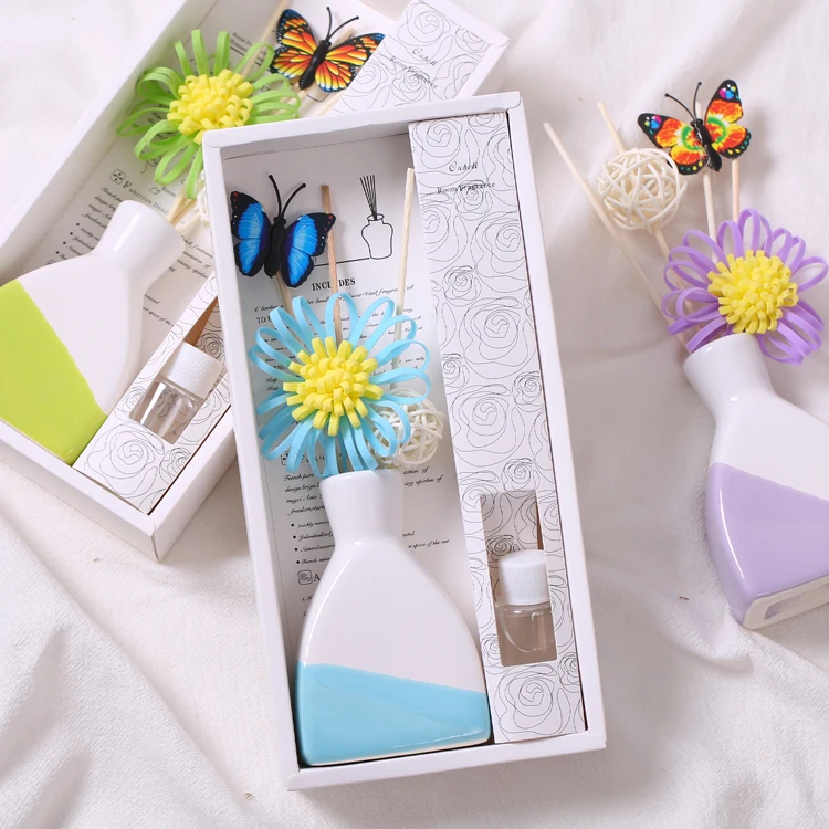 Color contrast ceramic bottle reed diffusers sets sun flower ornaments reed diffuser ceramic wholesale air freshener