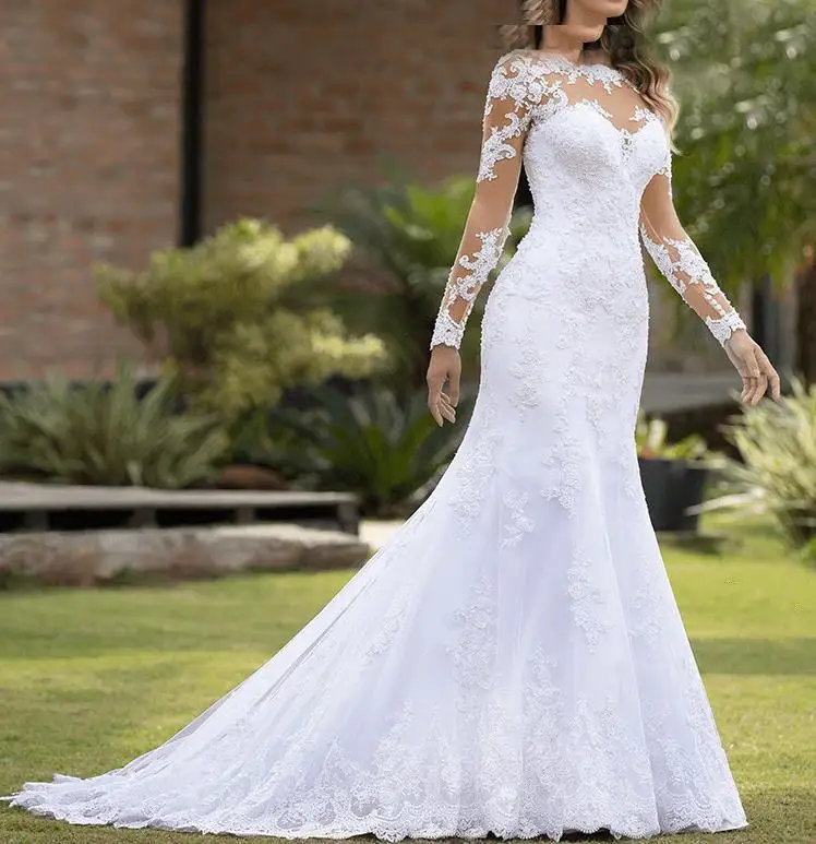 Customized wedding dress fishtail new style European style slim sexy long sleeves leaky back wedding banquet