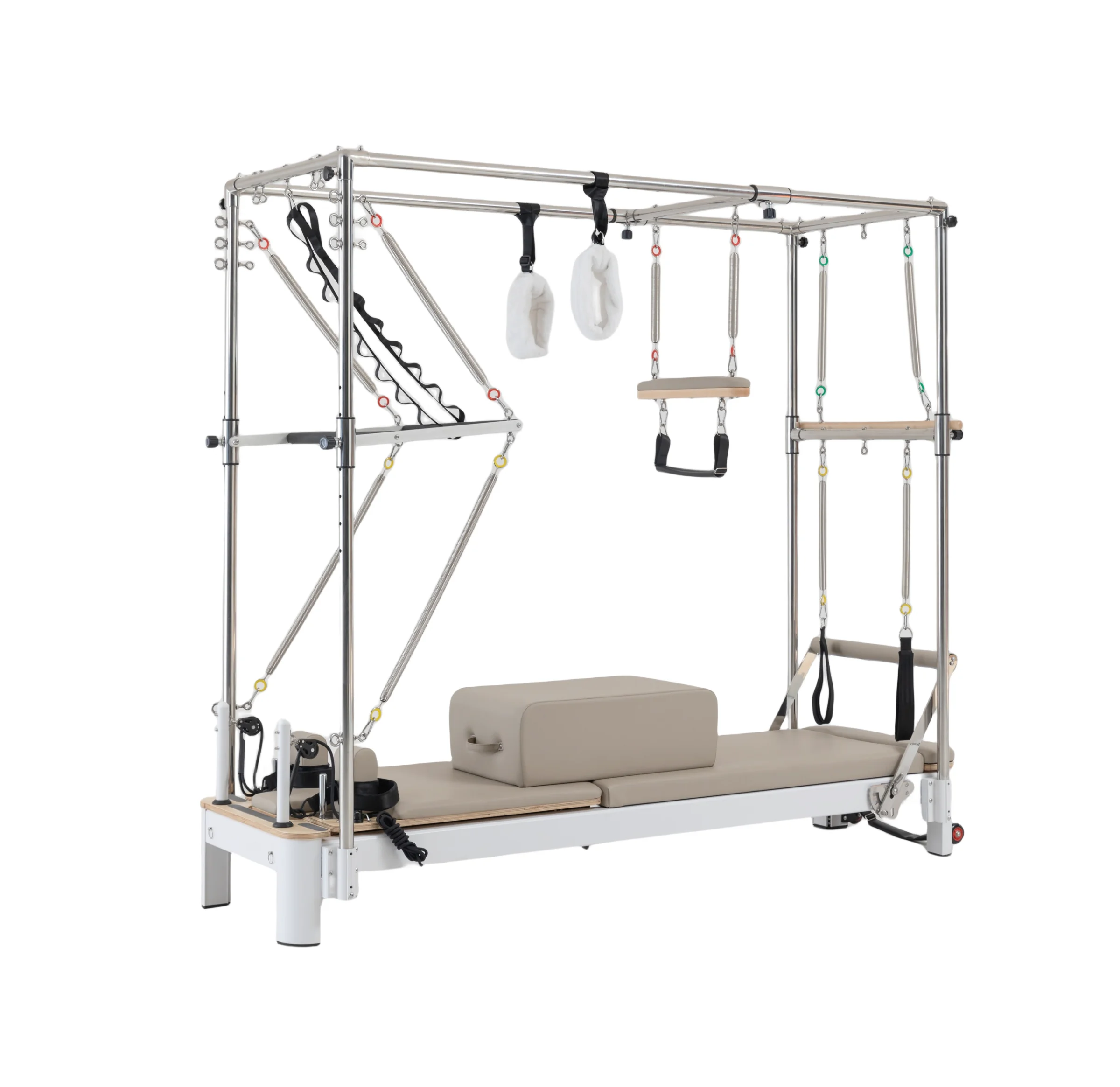white aluminum full trapeze combo elevated bed y cadillac pilates reformer