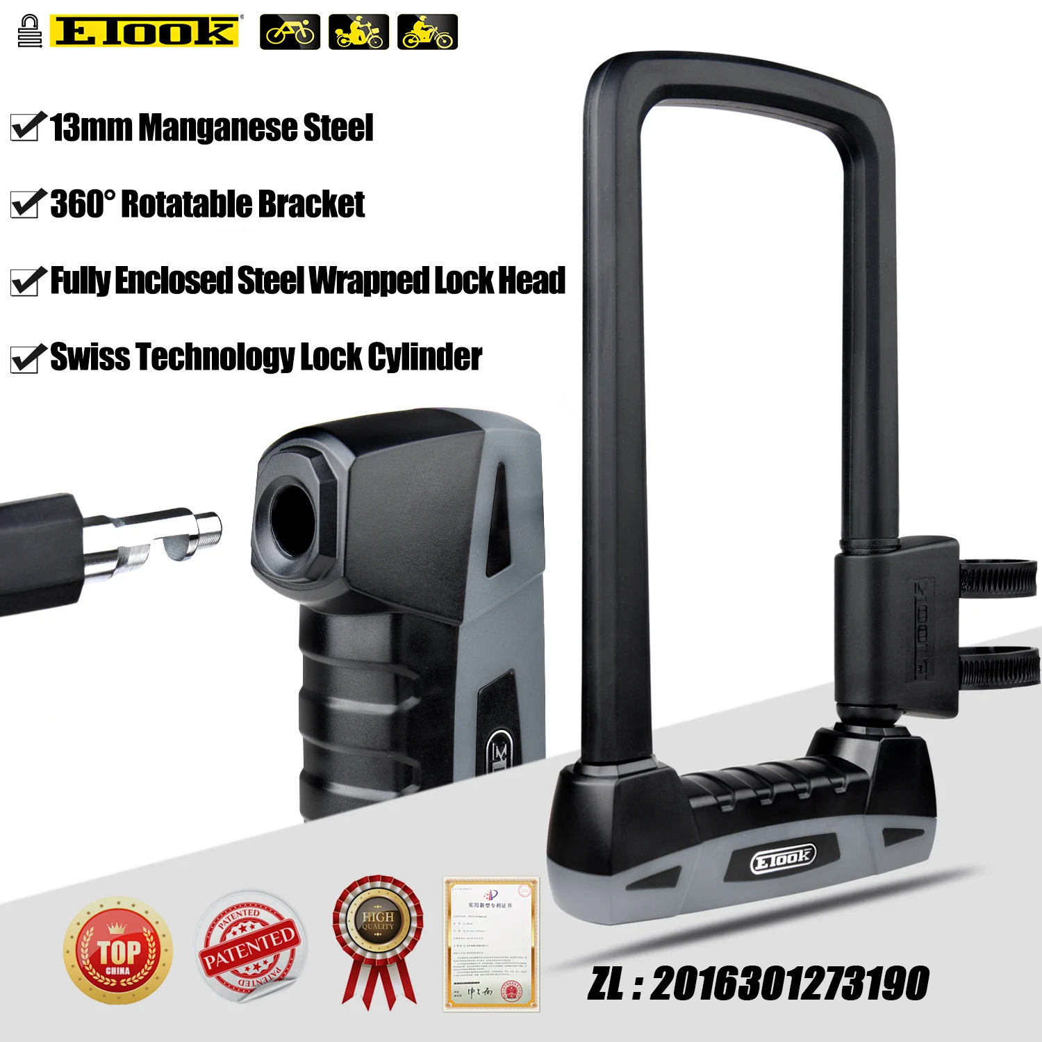 ETOOK Heavy Duty Bicycle U Lock Anti Theft Security Bicycle Lock Motorcycle Lock With Keys