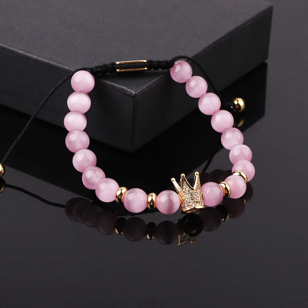 Новый модный дизайн женский браслет CZ Pave Ball Crown розовый кошачий глаз ручной работы макраме с индивидуальным логотипом JBS12677