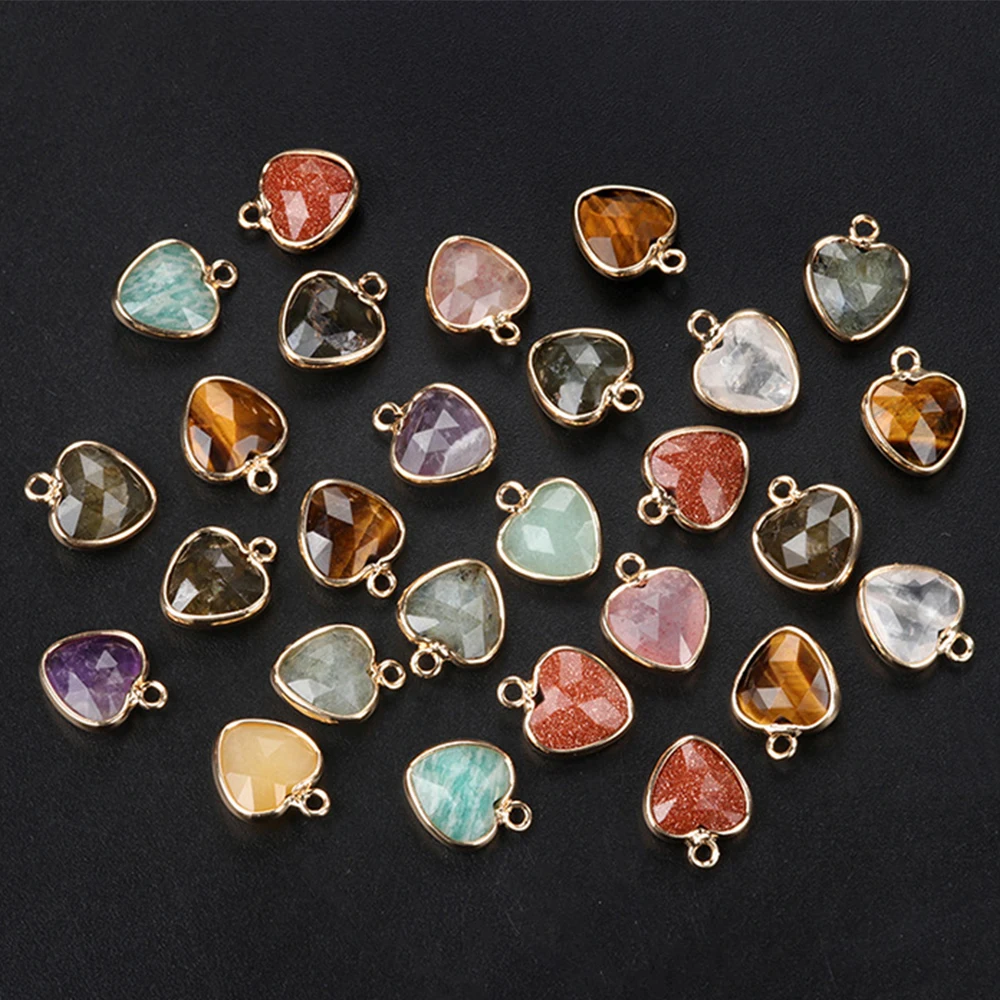 11mm Double Side Faceted Gemstone Heart Charm Gold Plated Healing Crystal Amethyst Tiger Eye Faceted Charm Pendant DIY Accessory