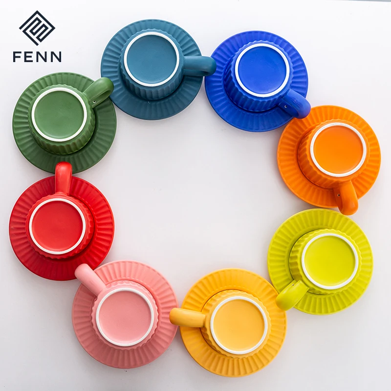 Nordic style macaron ceramic coffee cup and saucer high-value big ear mug vertical stripe design porcelain espresso coffee set