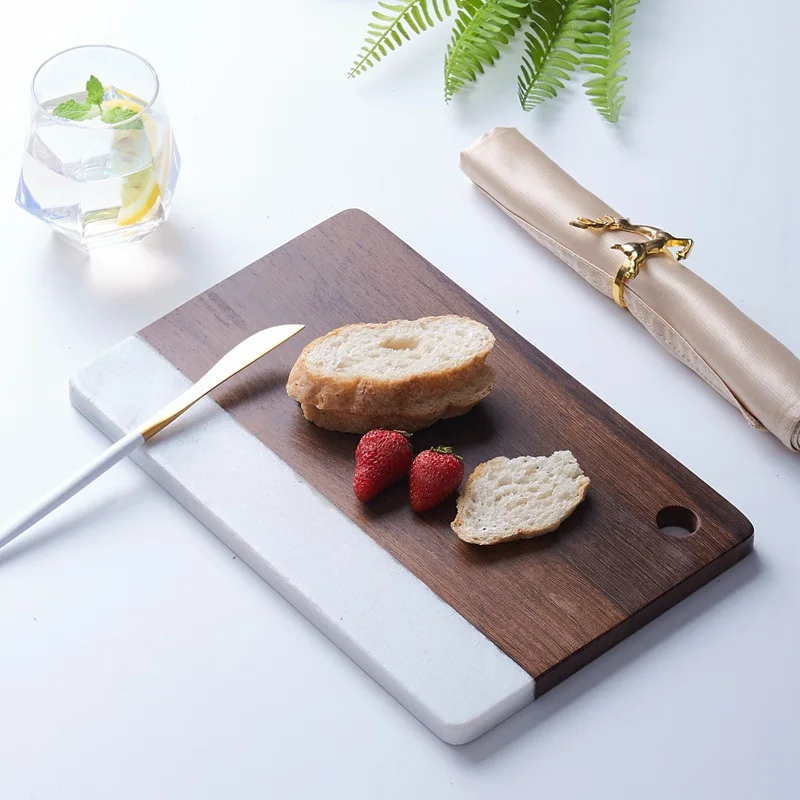 Hot Sale Black Slate Food Platter White Marble Solid Wood Cutting Board For Kitchen Cheese Charcuterie Dinner Serving Tray