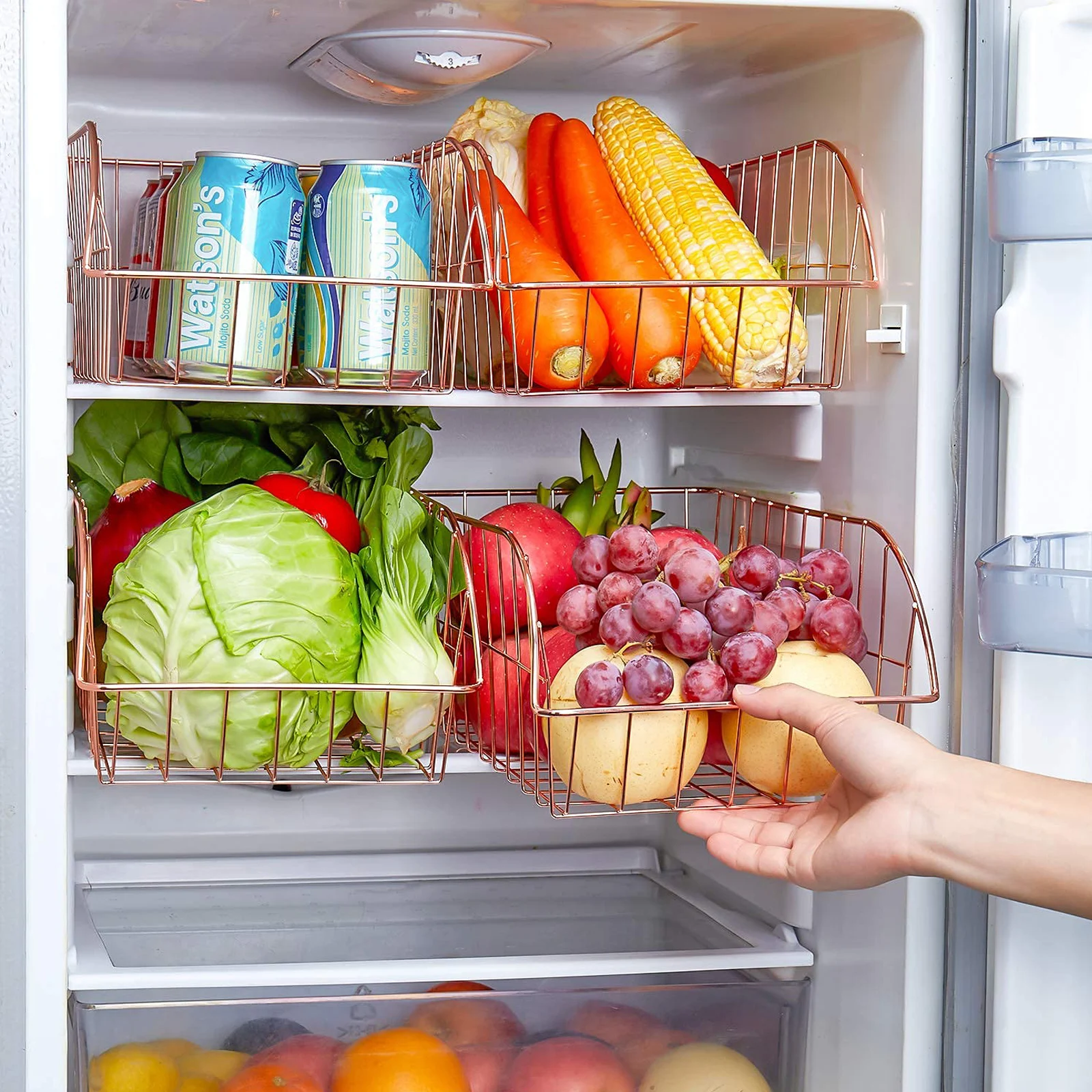 Minimalist Metal Wire Storage Basket Rose Gold Freezer Pantry Steel Grid Basket