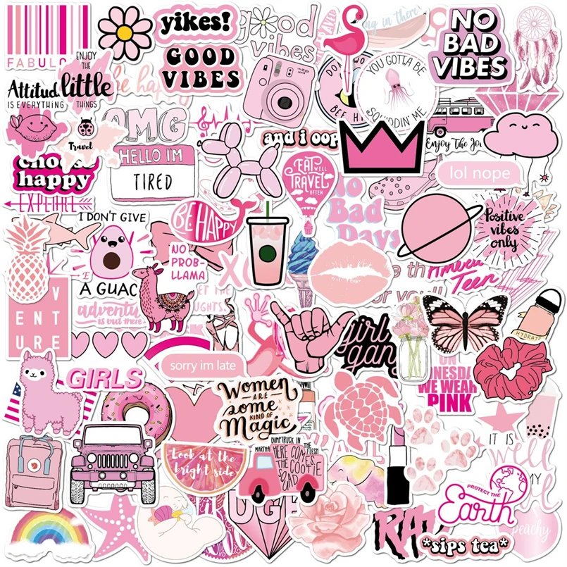100 Pink Stickers Pack Vsco Stickers For Water Bottles Custom Vinyl Die Cut Decorative Cartoon Stickers