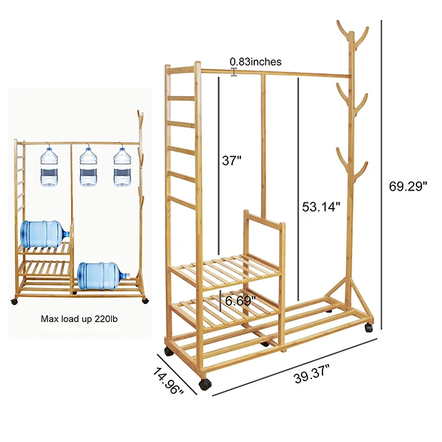 Bamboo Strong Load Up Hat Tree Hanger 3 Layers Wardrobe Storage Shelves with Wheels Movable Clothing Storage Shelves Organizer