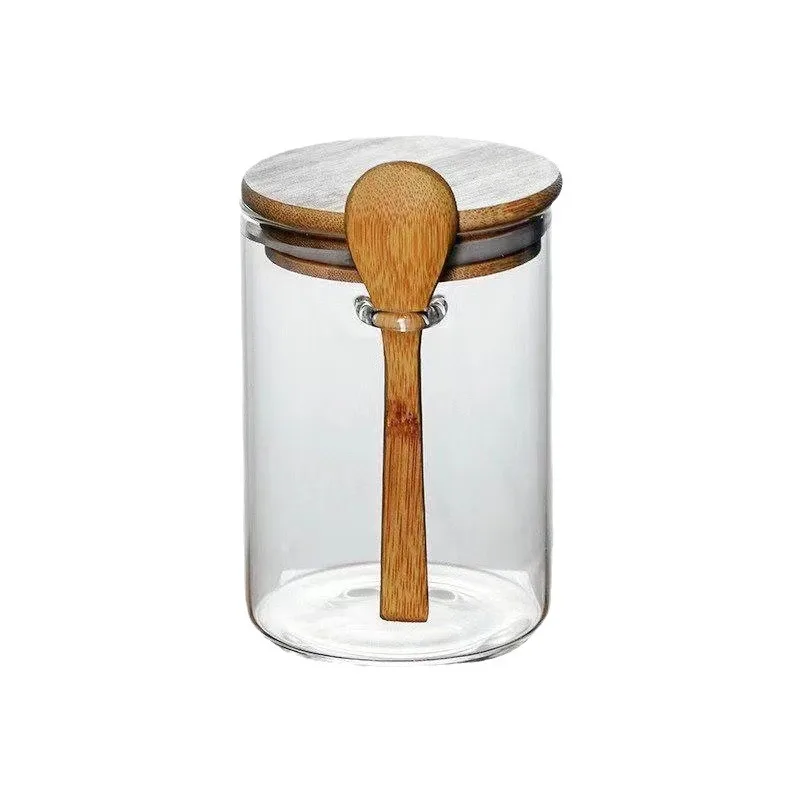 Round Glass Food Storage Jars for Spice Nuts Coffee Beans With Wood Bamboo Spoon and Lids