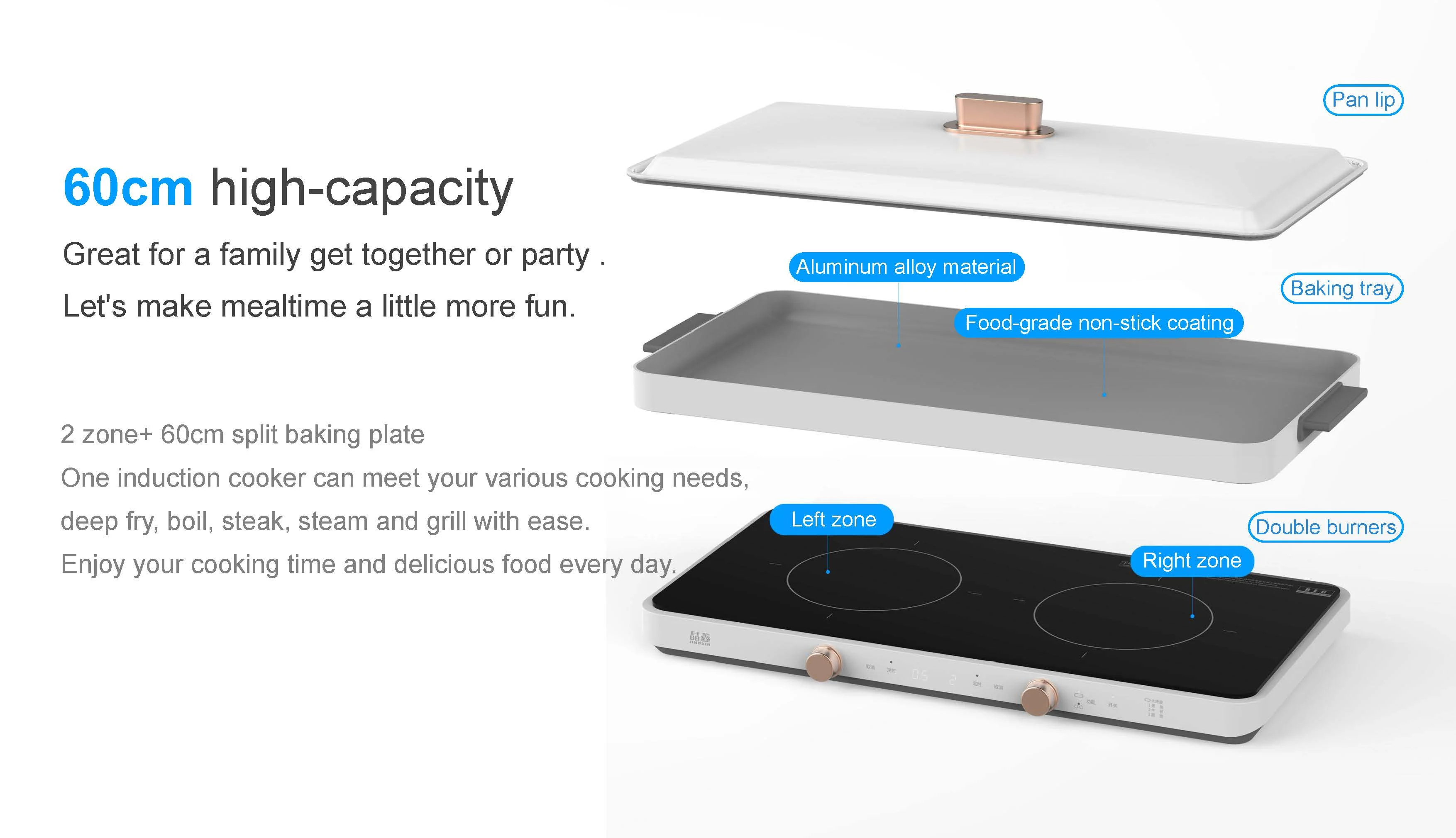 Korean 2 burner Induction Hob with Food-grade non-stick coating Baking tray