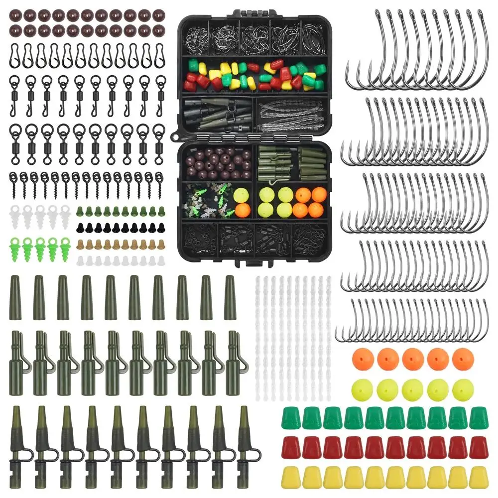 300Pcs Carp Fishing Tackle Kit Including Carp Hooks Quick Change Swivels Hook Stop Beads Boilie Bait Screw Safety Clips